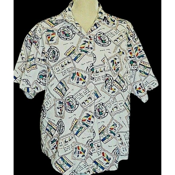 Huntington Ridge Vtg Women's Top L Nautical White Short Sleeve Boats Button Fron - Picture 1 of 10